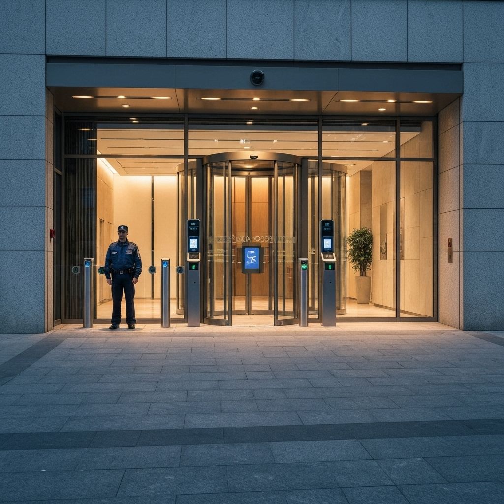 Secure building entrance with modern security systems